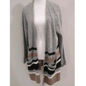Evereve Peyton Jensen Womens Gray, Black Tan Stripe Cardigan Pockets Sz XS/S